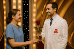 Pflegepersonal steht Apotheker mit Rose gegenüber. Ein perfekter Match?